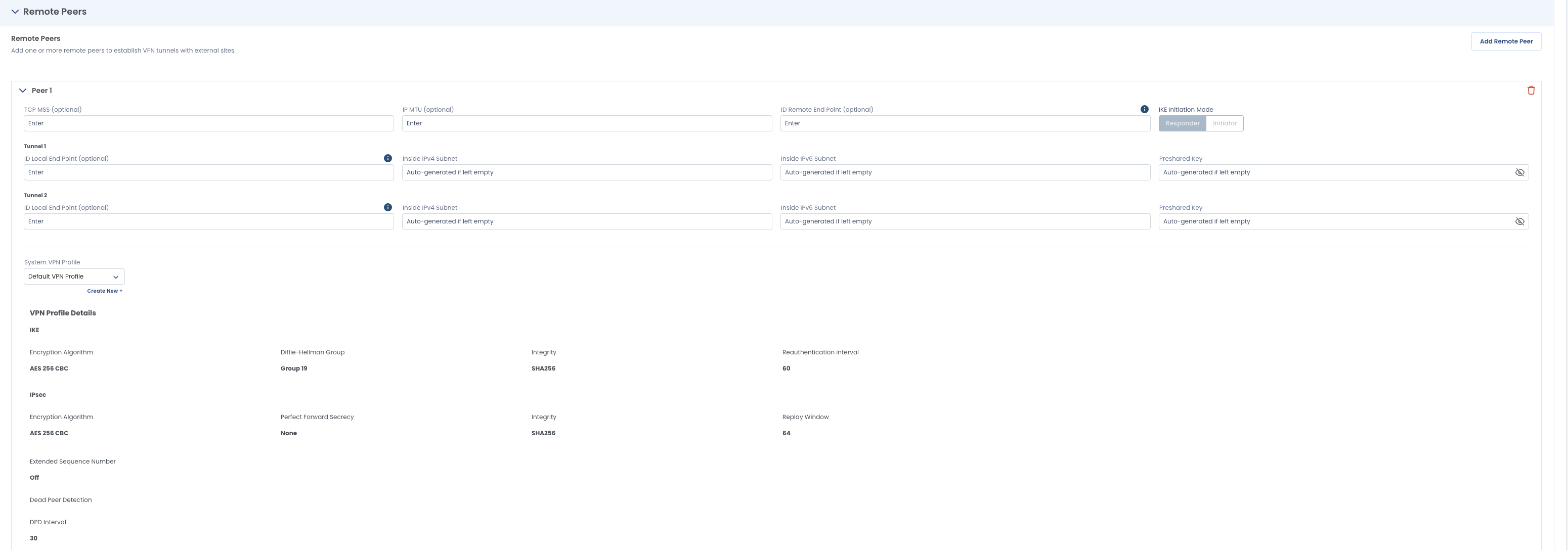 Configuration settings for VPN profiles, including encryption algorithms and integrity settings.